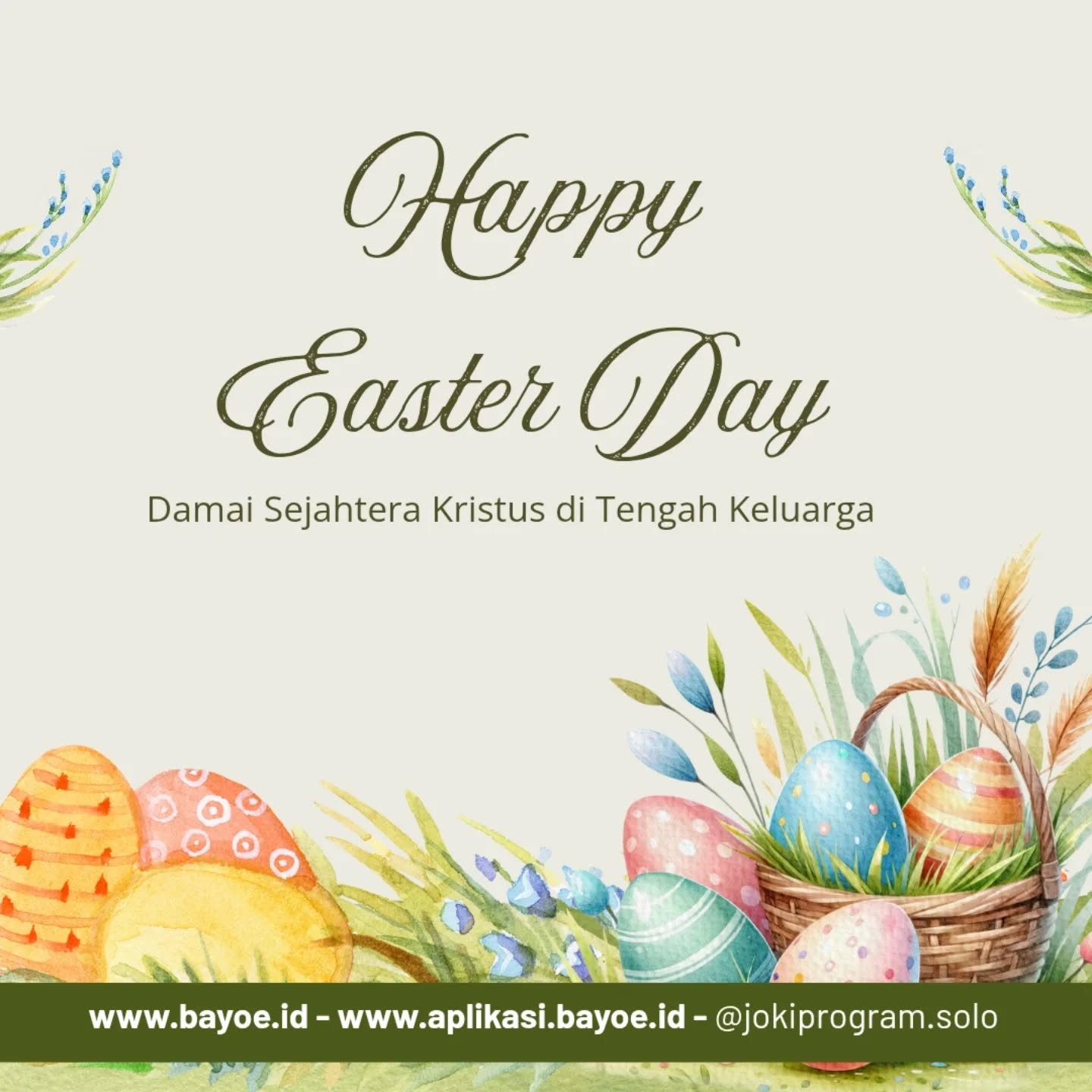 🎉Selamat Hari Raya Paskah!
Kristus telah bangkit!

Kebangkitan-Nya adalah sumber harapan dan kekuatan baru bagi kita semua.
Semoga semangat Paskah menyalakan kembali semangat untuk berkarya, berbagi, dan menjadi terang di tengah dunia digital yang terus berkembang.

*Dari iman lahir dedikasi, dari kasih lahir karya.*

— @jokiprogram.solo

#HariRayaPaskah #KristusBangkit #Paskah2025 #YesusHidup #SelamatPaskah #KebangkitanKristus #PaskahSuci #SukacitaPaskah #DamaiPaskah #HarapanBaru #KasihKristus #TerangKebangkitan 
#BangkitBersamaKristus #SemangatPaskah #ImanDanKarya #ChristianDeveloper #WebWithPurpose #DigitalMinistry #JokiProgramSolo #BayoeID #InspirasiPaskah #FaithAndWork #ChristianLife #DeveloperKristen #KaryaDenganIman #HopeInChrist #EasterJoy #RohKudusBerkarya #PaskahPenuhMakna 
#PaskahUntukSemua