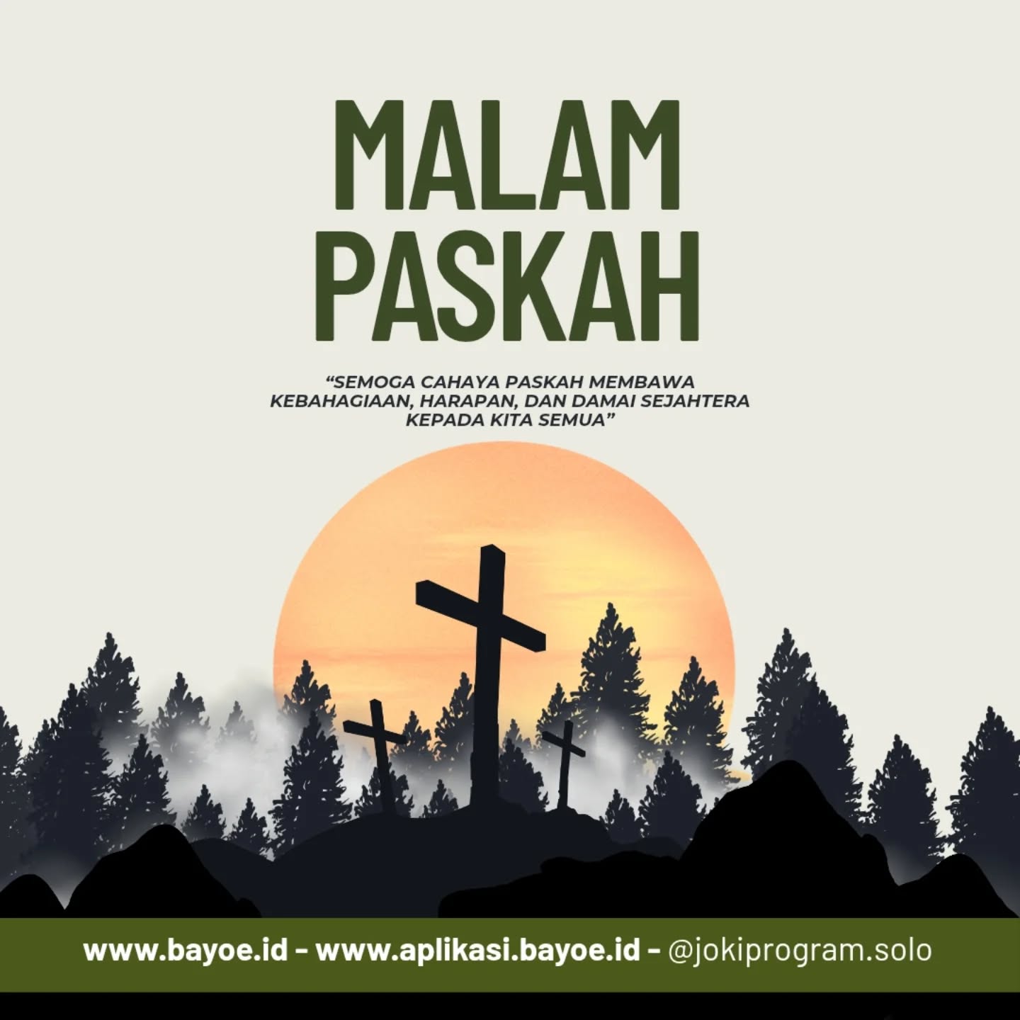 "Kristus telah bangkit, membawa terang dalam setiap langkah kita!
Di malam Paskah ini, kami di @jokiprogram.solo terinspirasi untuk terus berkarya dengan semangat harapan dan pembaruan.

Dalam gelap malam, cahaya Paskah bersinar membawa harapan baru. Kristus telah bangkit, terang-Nya mengalahkan maut dan kegelapan. Selamat malam Paskah! Mari kita hidup dalam sukacita dan kemenangan kasih-Nya.

Mari rayakan kebangkitan-Nya dengan sukacita dan semangat baru dalam hidup dan karya kita.

Selamat Malam Paskah!

Kebangkitan Kristus adalah awal dari segala harapan."

#MalamPaskah #KristusBangkit #SelamatPaskah #Paskah2025 
#SukacitaPaskah #HarapanBaru #DamaiPaskah #KebangkitanKristus 
#YesusBangkit #PaskahBersama #PaskahSuci #PaskahPenuhHarapan 
#TerangDalamKegelapan #KemenanganKasih #CintaKasih 
#JumatAgung #PaskahBersinar #PaskahMalam #DoaPaskah 
#SpiritPaskah #MalamPenuhHarapan
#BayoeID #JokiProgramSolo #WebDevelopment #InspirasiPaskah 
#PaskahBersukacita #SemangatBerkarya #BersamaKristus