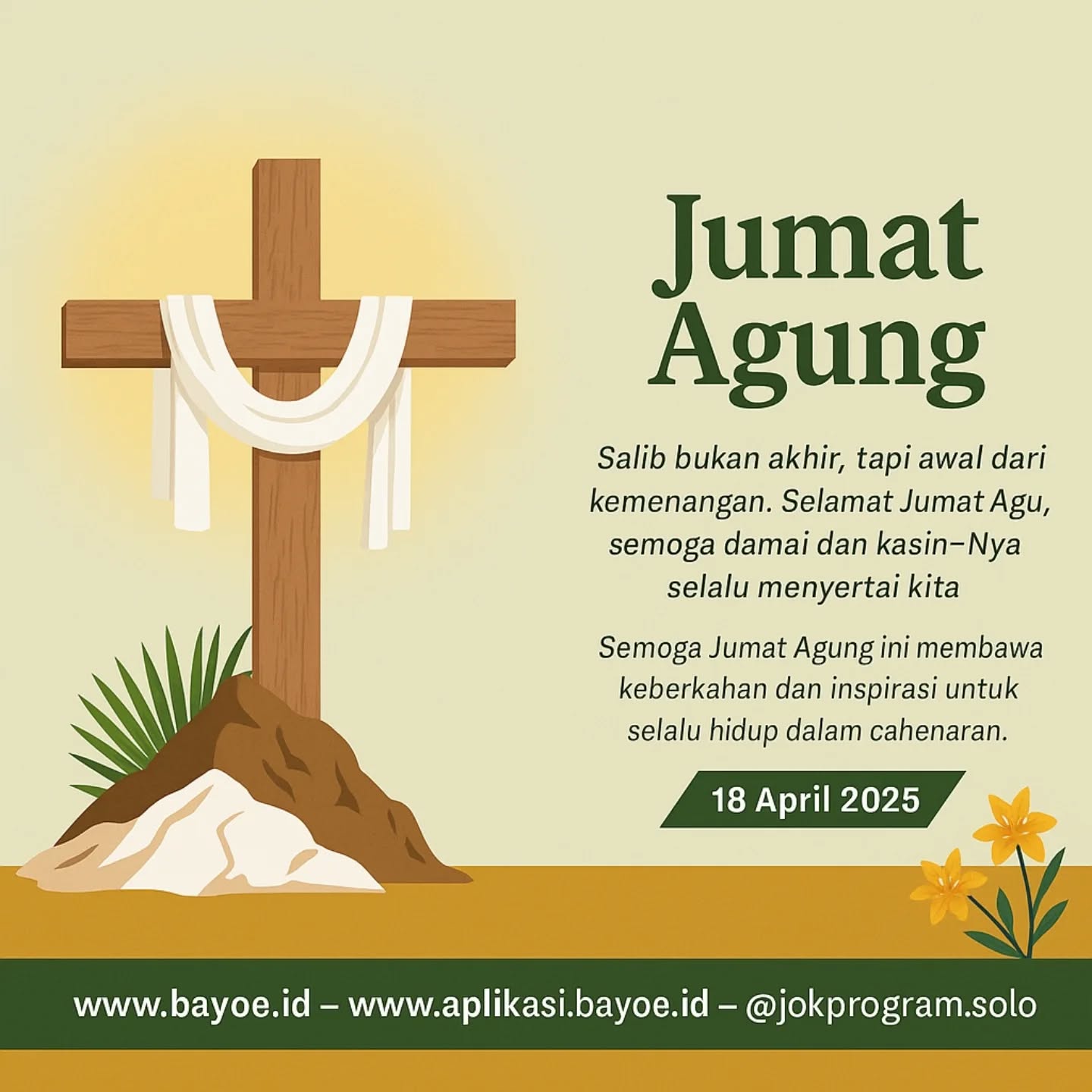 “Di balik salib, ada kasih yang tak berkesudahan. Jumat Agung mengingatkan kita bahwa pengorbanan adalah bentuk kasih tertinggi. Semoga semangat pengorbanan Kristus menginspirasi kita untuk terus berkarya dengan penuh makna.”

Bersama @jokiprogram.solo
Kami terus berinovasi membangun aplikasi berbasis web untuk solusi digital yang lebih baik.

#JumatAgung 
#SelamatJumatAgung 
#HolyFriday 
#KasihKristus 
#PengorbananYesus 
#BayoeID 
#AplikasiWeb 
#JokiProgramSolo
#InovasiDigital 
#Kristiani 
#KasihYangMenyelamatkan 
#SalibKemenangan 
#PekanSuci 
#WebApp 
#ProgrammerKristen 
#BerbagiKasih 
#YesusKristus 
#DesainInspiratif 
#WebDeveloperIndonesia 
#PengingatKasih 
#AplikasiBayoe 
#YesusJuruSelamat 
#StartupKristen 
#JasaWebsite 
#JasaAplikasi 
#DevKristen 
#SoloDeveloper 
#ChristianDesign 
#KaryaUntukTuhan 
#FaithAndTechnology